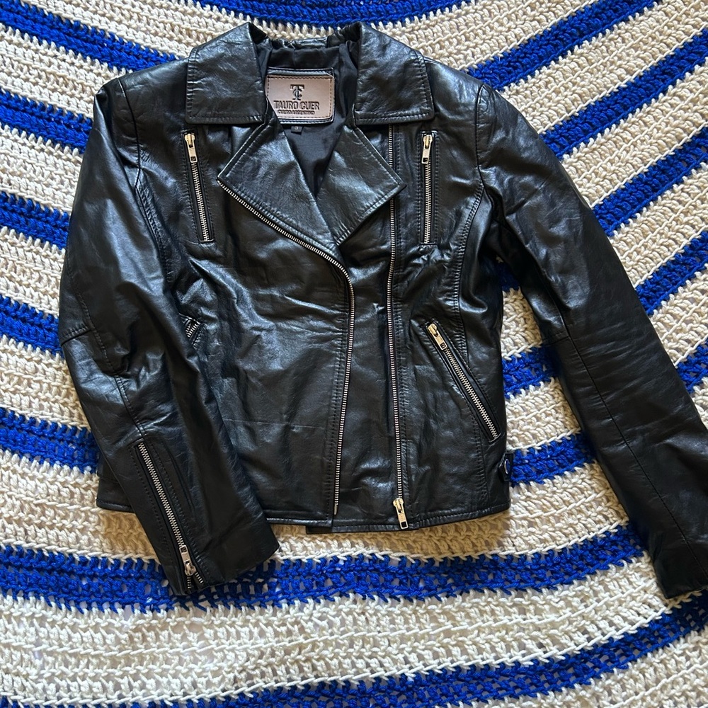 Black Leather Moto Jacket Asymmetrical Zipper Fitted Silhouette